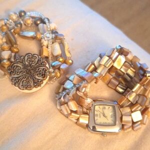 One Quartz Mother of Pearl Watch & One Bracelet W/Abalone & Beads